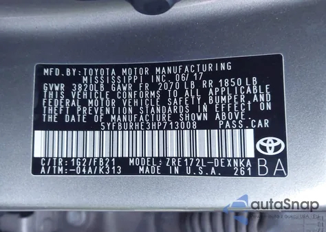 2017 Toyota Corolla L/Le/Xle/Se/Xse from USA, damaged, VIN 5YFBURHE3HP713008